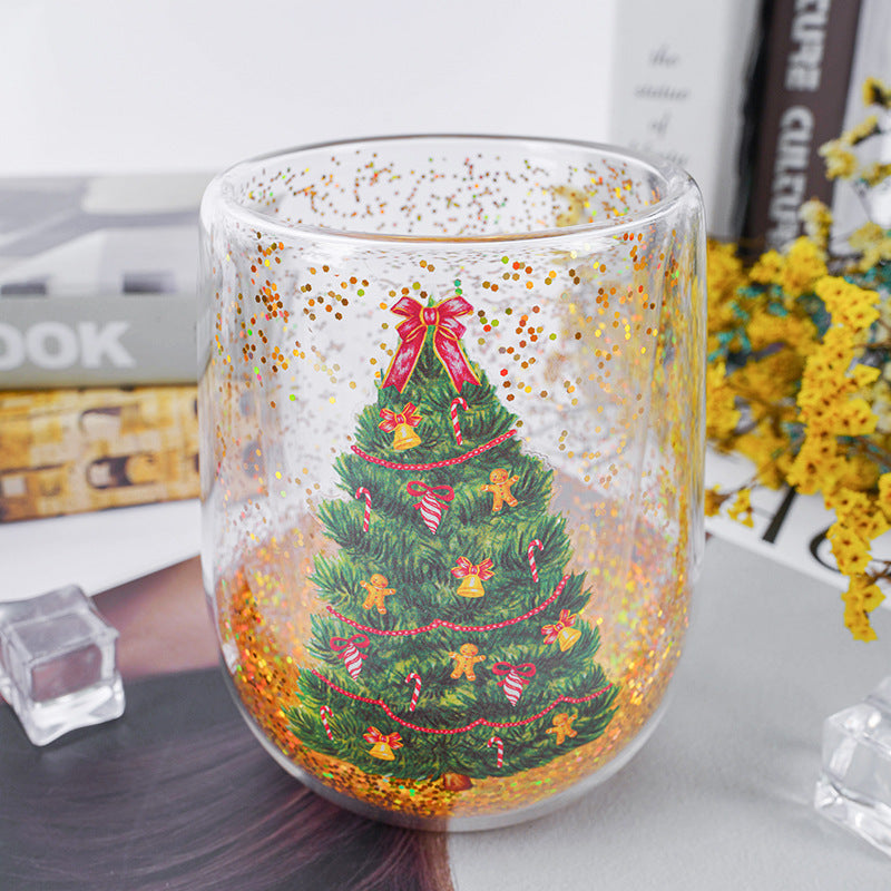 Creative Christmas Double Layer Glass Cup - Season's Greetings