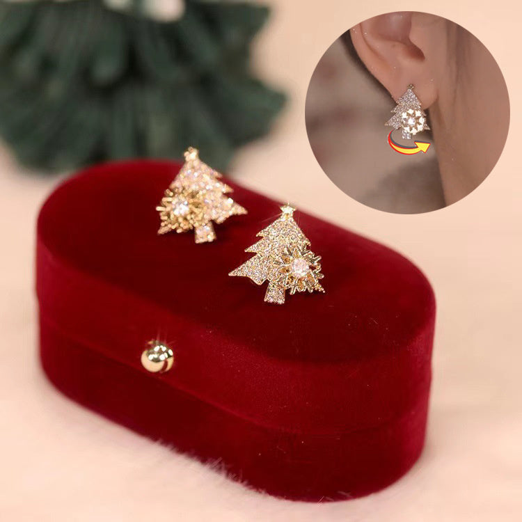 Rotatable Christmas Tree Earrings with Shiny Rhinestones